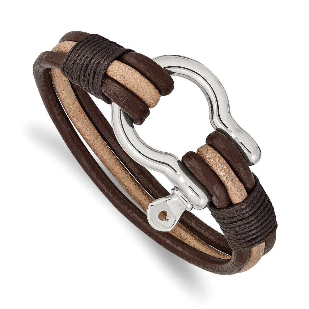 Kazi Luxury Steel Shackle Multi Str& Dark Brown & Tan Leather 8.25in Bracelet
